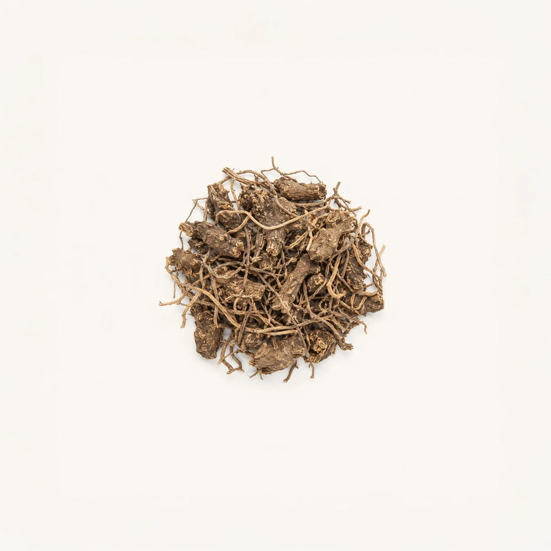 A small pile of dried Black Cohosh, centered on a plain white background.
