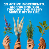 A promotional graphic with a bright blue background and large white text reading '13 ACTIVE INGREDIENTS. SUPPORTING YOU THROUGH THE MESSY MIDDLE BIT OF LIFE.