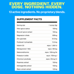 A supplement facts label on a bright blue background with bold white text above reading 'EVERY INGREDIENT. EVERY DOSE.