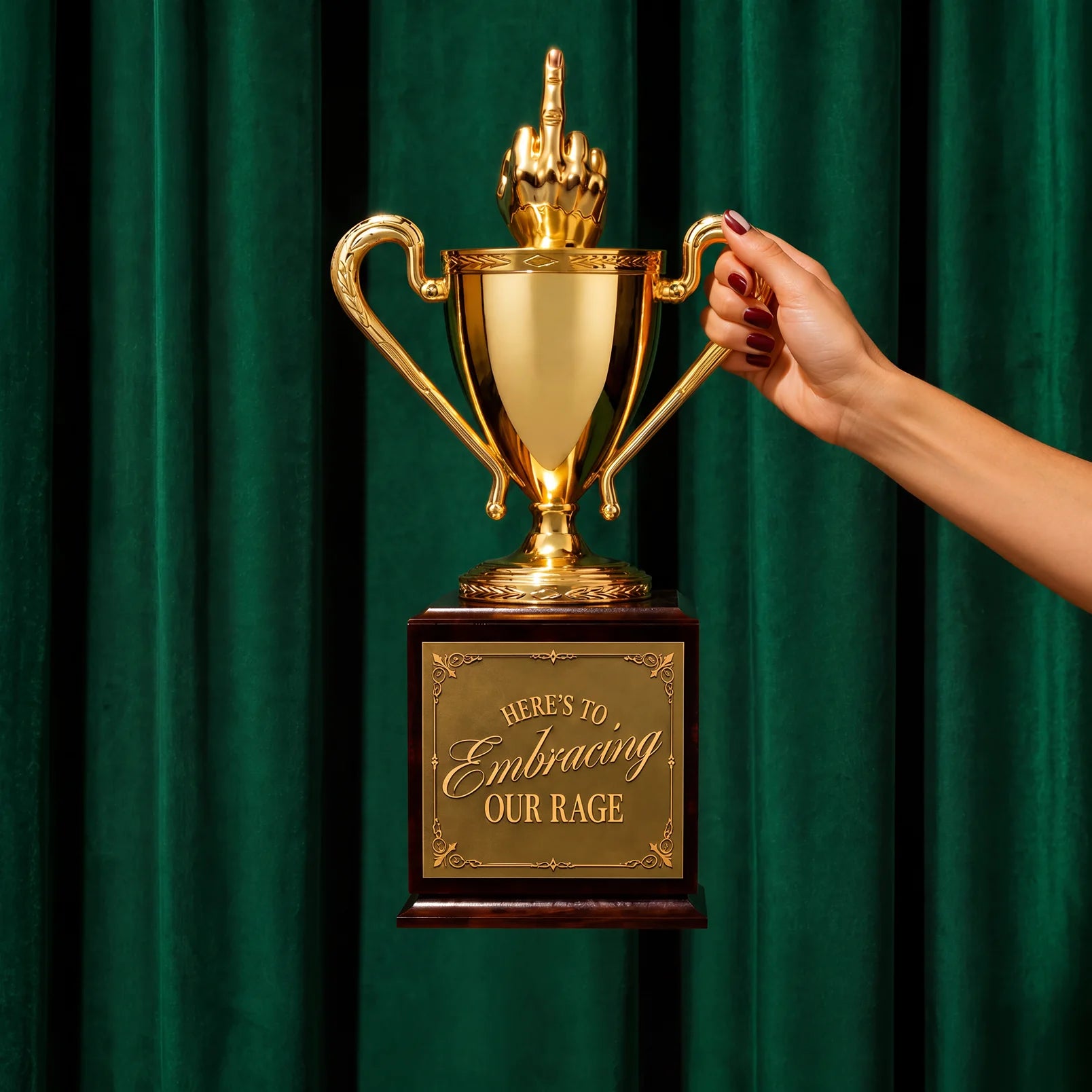 A gold trophy cup with a dark wood base and a gold plaque reading 'Here's to Embracing Our Rage,' held by a person's hand in front of a dark green curtain.